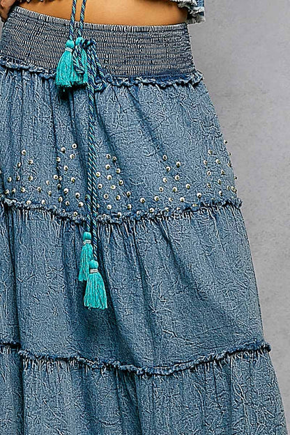 Bead Tassel Denim Maxi Skirt
