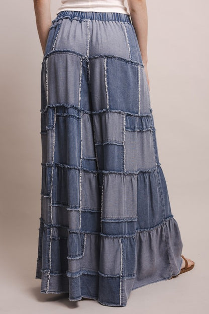 Island Drift Patchwork Chambray Tiered Pants