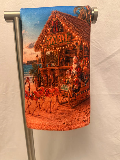 Flamingo Santa Christmas sleigh hand towel
