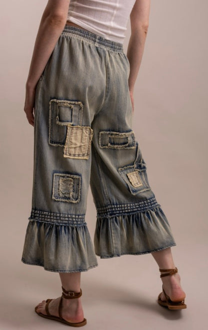 Embroidery Patchwork Ruffle Hem Cropped Pants