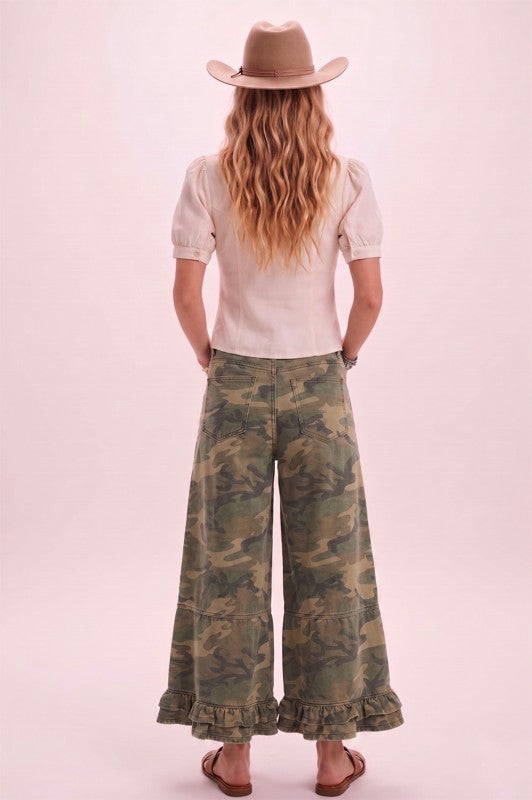 RUFFLE WASHED CAMO WIDE LEG DENIM