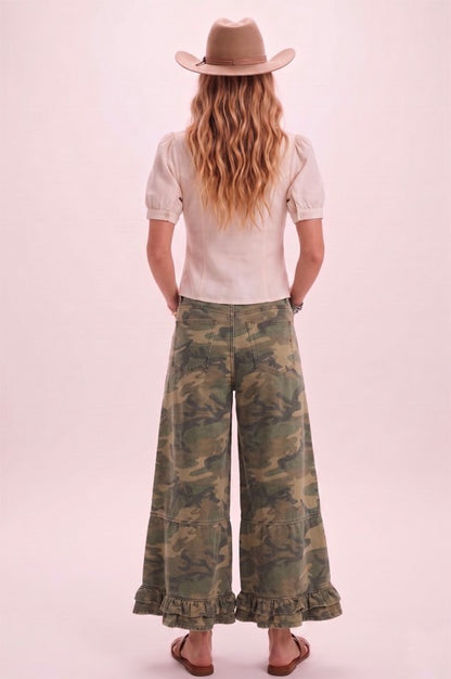 RUFFLE WASHED CAMO WIDE LEG DENIM