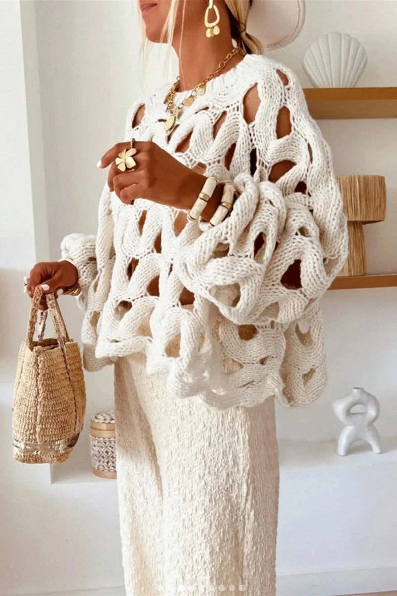Open-Knit Balloon Sleeve Sweater: WHITE / M