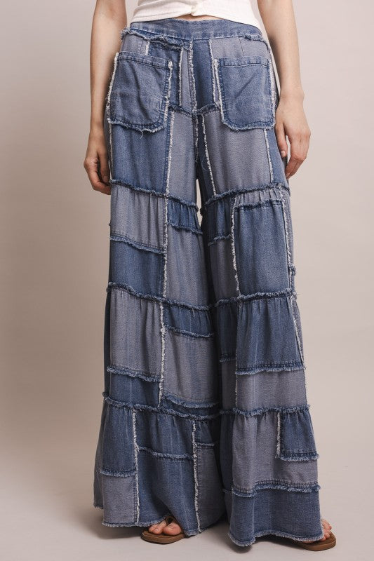 Island Drift Patchwork Chambray Tiered Pants