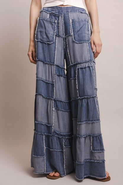 Island Drift Patchwork Chambray Tiered Pants