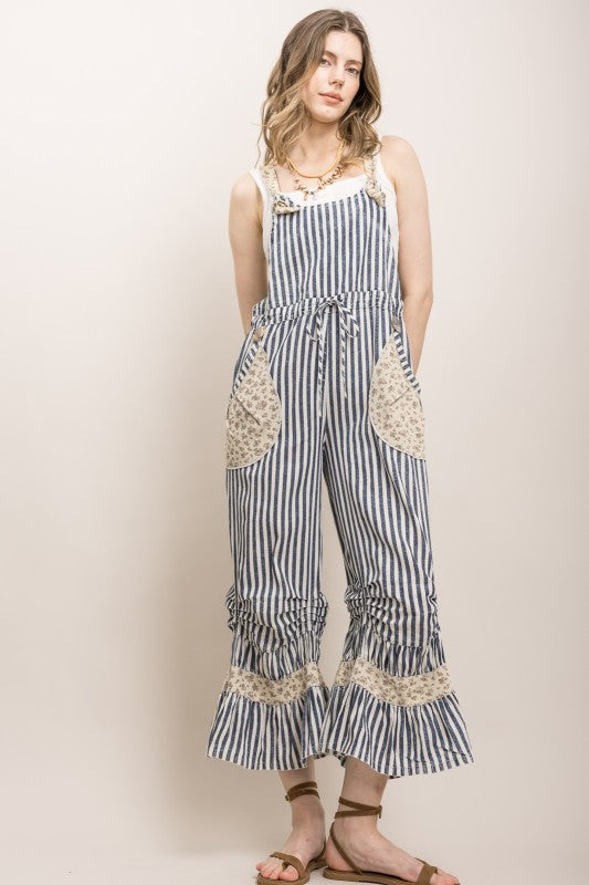 STRIPE CINCHED RUFFLE HEM BLOOMER OVERALLS