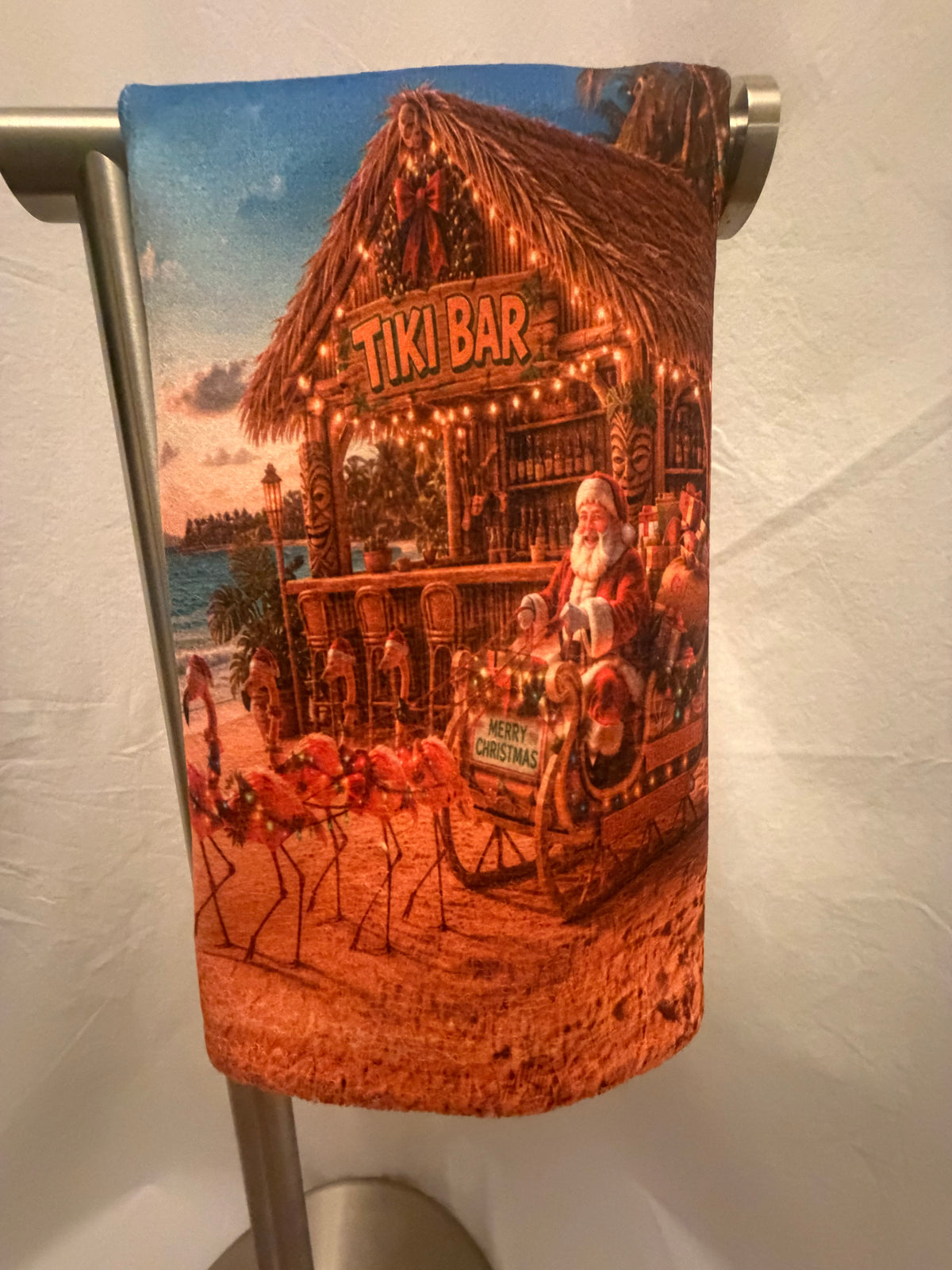 Flamingo Santa Christmas sleigh hand towel