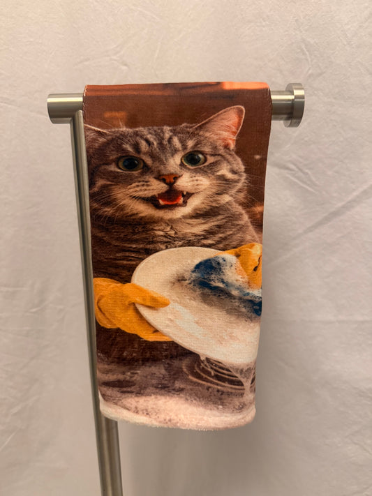 Funny Cat washing dishes hand towel