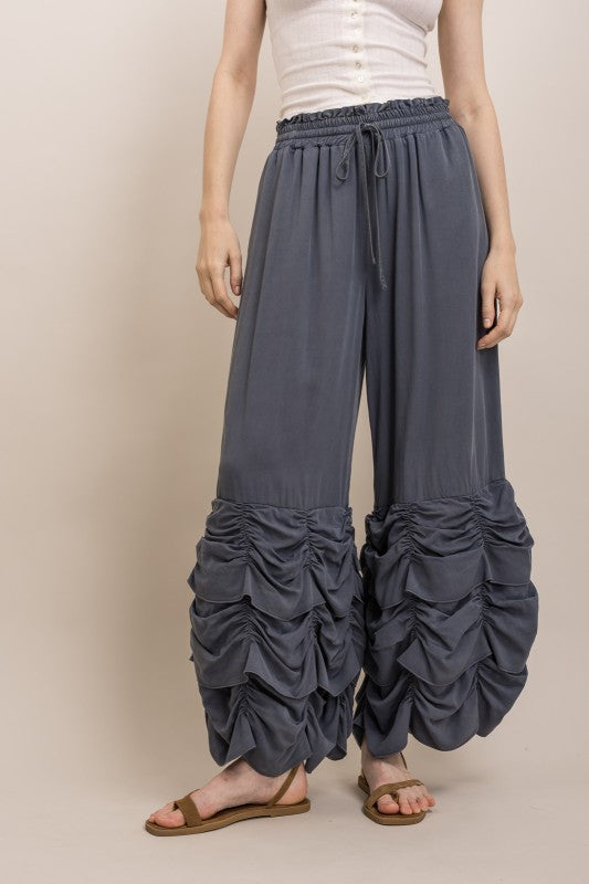 RUCHED RUFFLE HEM WIDE LEG PANTS