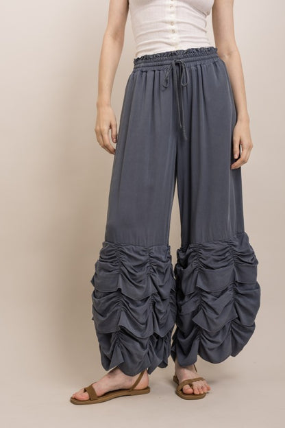 RUCHED RUFFLE HEM WIDE LEG PANTS