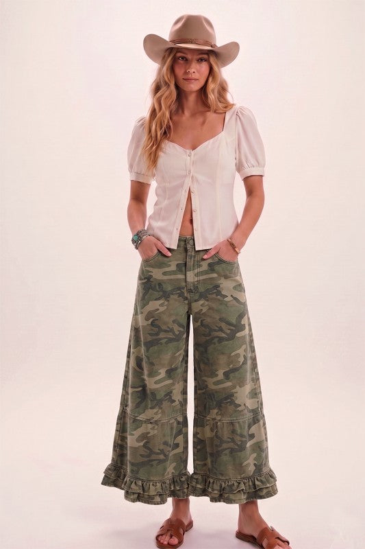 RUFFLE WASHED CAMO WIDE LEG DENIM
