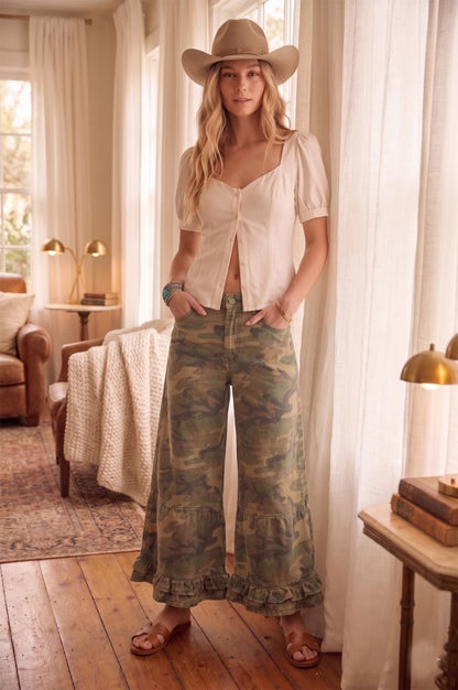 RUFFLE WASHED CAMO WIDE LEG DENIM