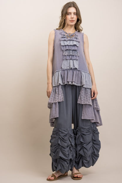 RUCHED RUFFLE HEM WIDE LEG PANTS