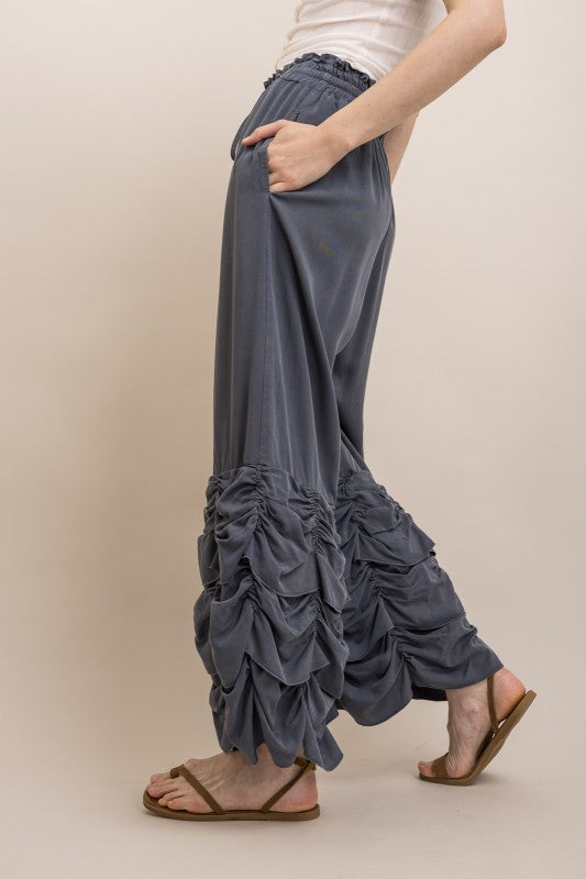 RUCHED RUFFLE HEM WIDE LEG PANTS