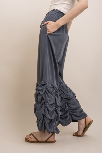 RUCHED RUFFLE HEM WIDE LEG PANTS