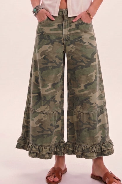 RUFFLE WASHED CAMO WIDE LEG DENIM