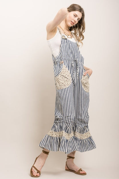 STRIPE CINCHED RUFFLE HEM BLOOMER OVERALLS