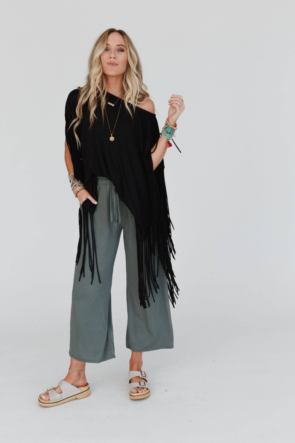 Showstopper Fringe Top - Washed Seafoam or Black