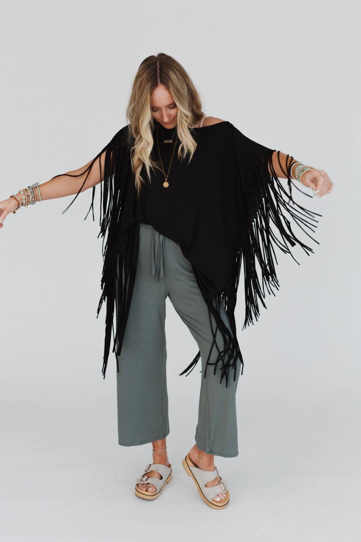 Showstopper Fringe Top - Washed Seafoam or Black