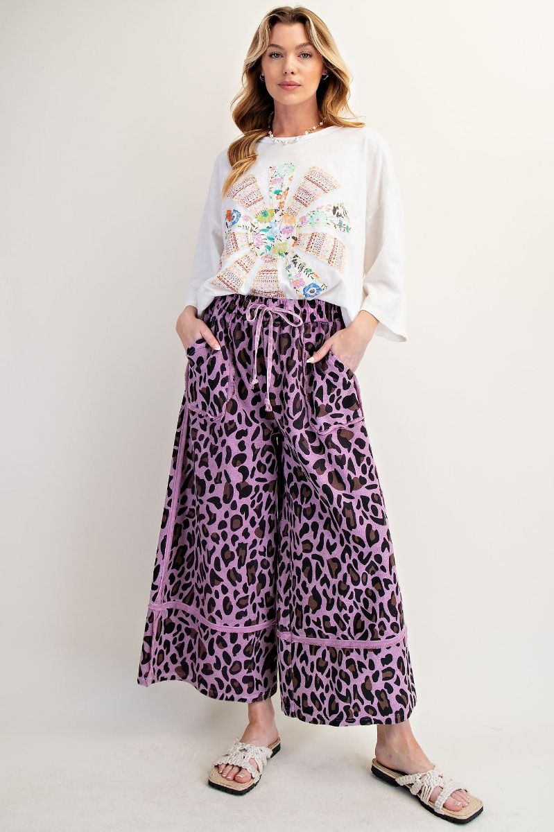 Purple fun Animal print mineral washed wide leg pants