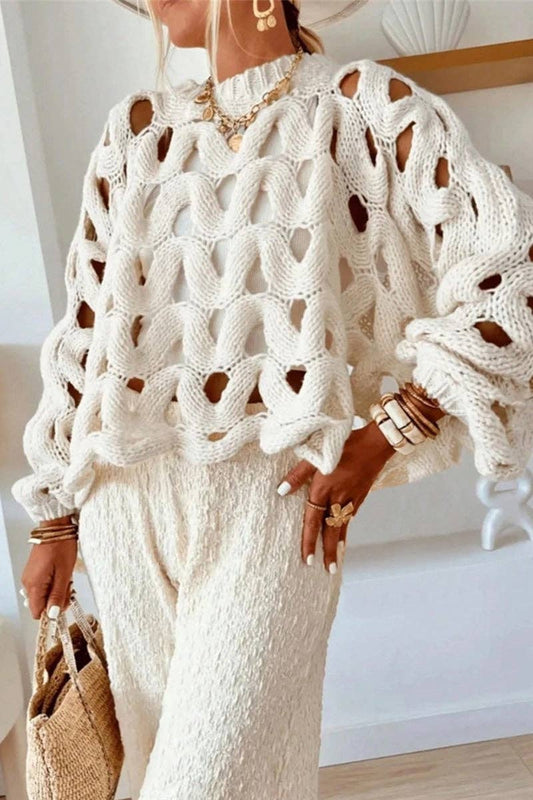 Open-Knit Balloon Sleeve Sweater: WHITE / L