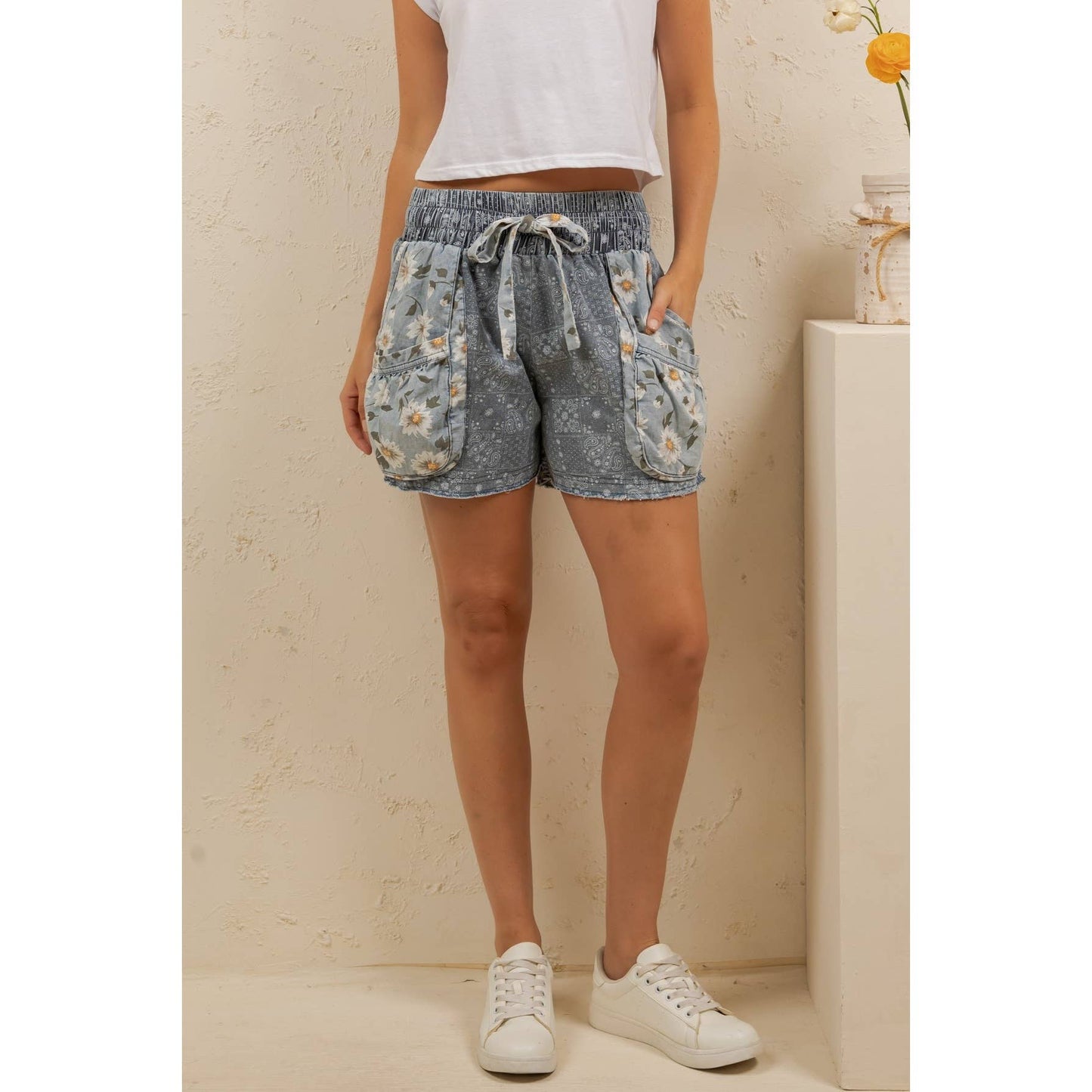 Coastal Daisy Patchwork Denim Shorts