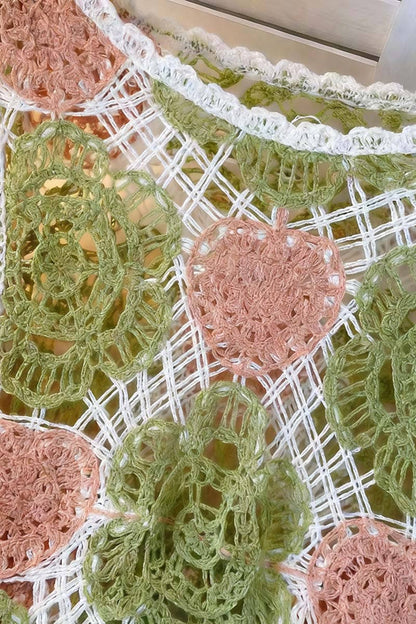 Crochet Floral Fringe Knit Top: GREEN / One Size