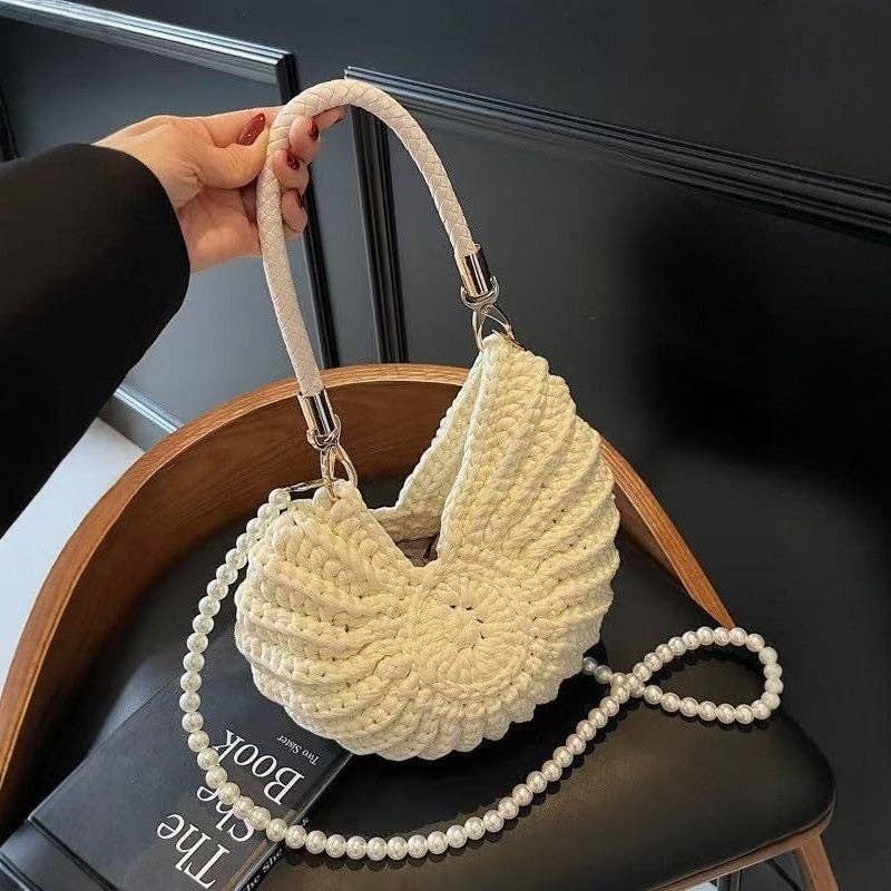 Hollow Knitted Large Capacity Wool Beach Tote Bag: White(Lined)