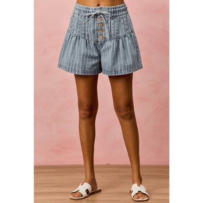 Ocean Stripe Pintuck Denim Shorts