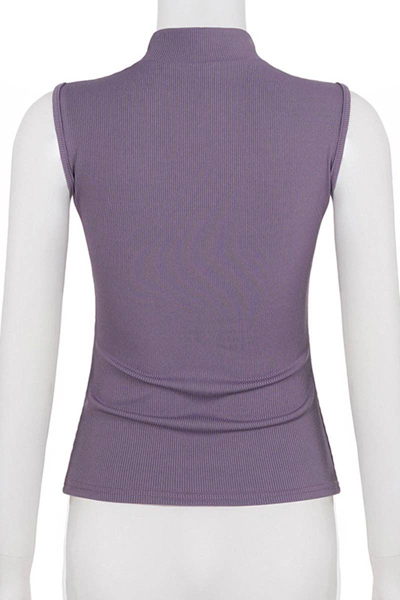 Abstract Pattern Sleeveless Mock Neck Top: PURPLE / M