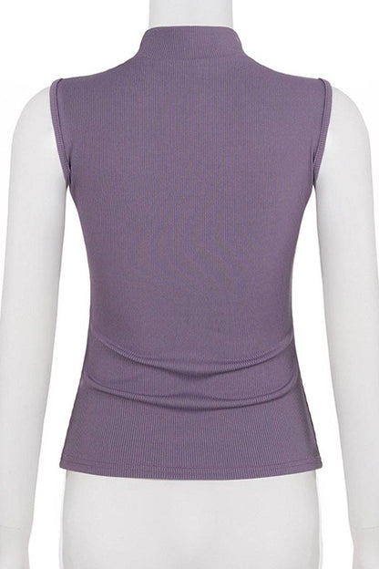 Abstract Pattern Sleeveless Mock Neck Top: PURPLE / L