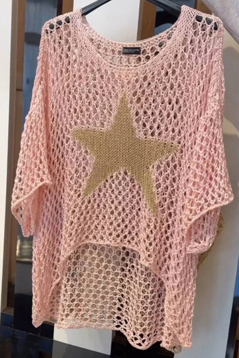 Star Mesh Knit Cover-Up Top: LIGHT ORANGE / L