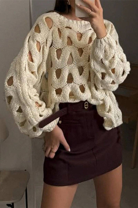 Open-Knit Balloon Sleeve Sweater: WHITE / M