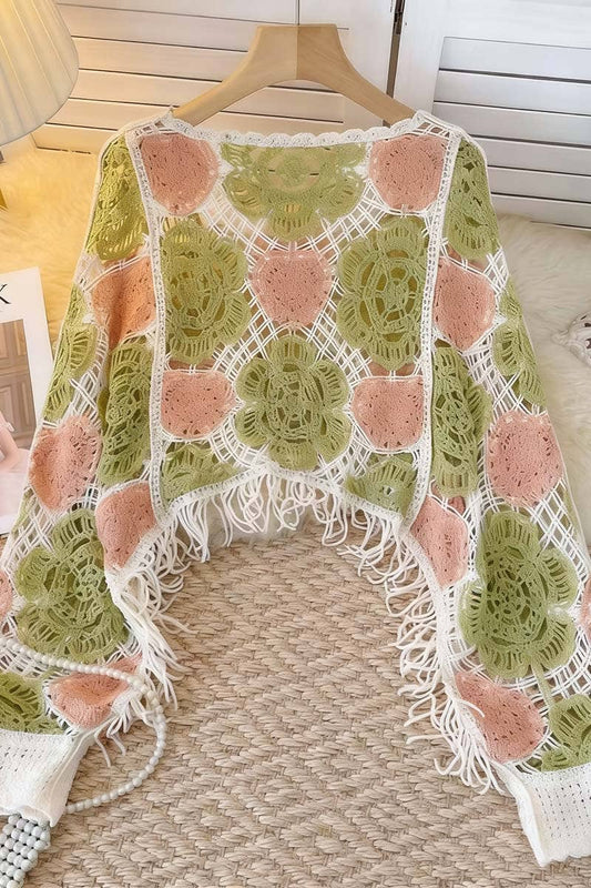 Crochet Floral Fringe Knit Top: GREEN / One Size