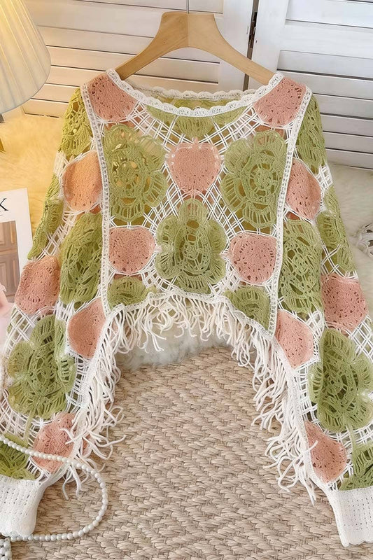Crochet Floral Fringe Knit Top: GREEN / One Size