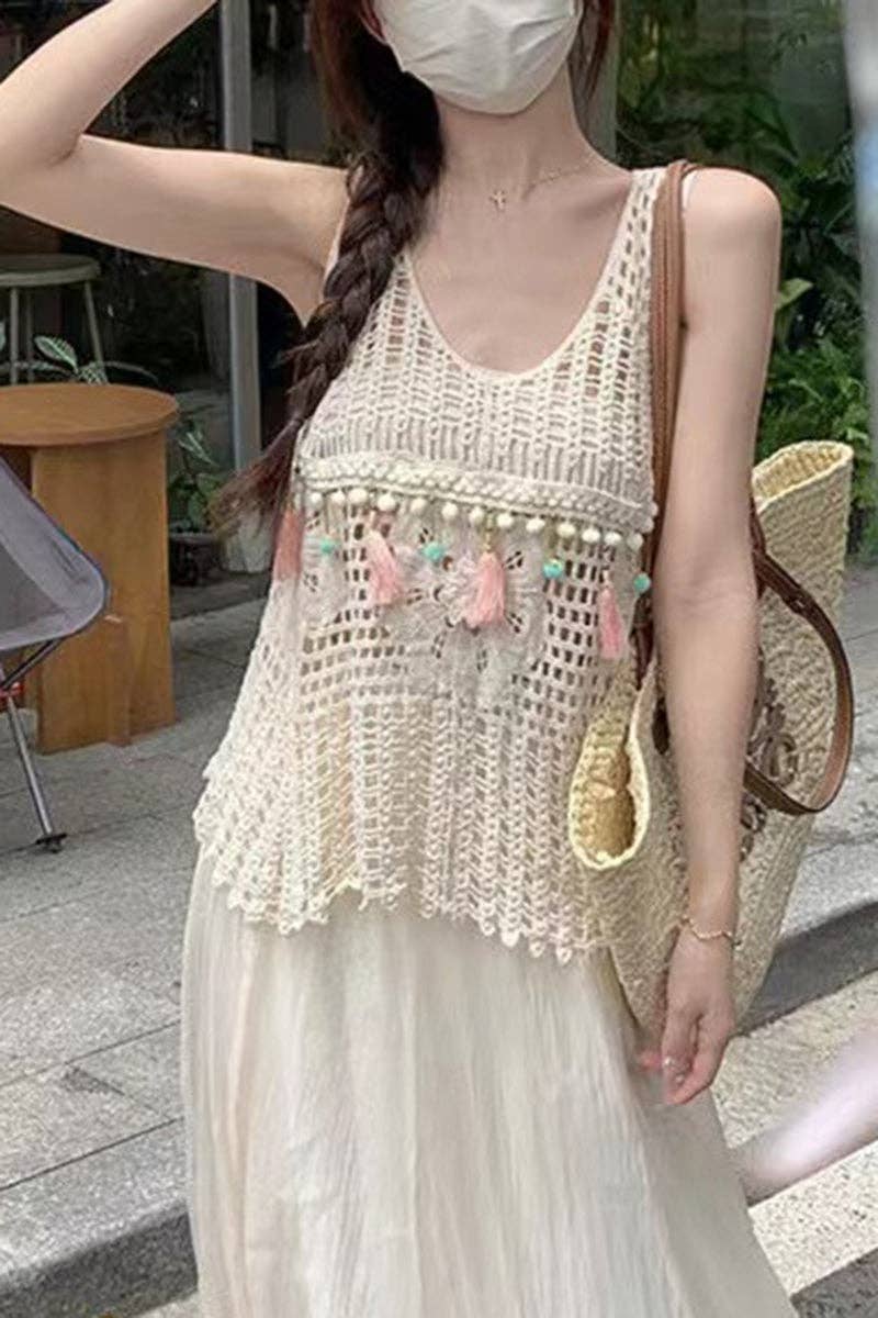 Sleeveless Crochet Tank Top: WHITE / One Size