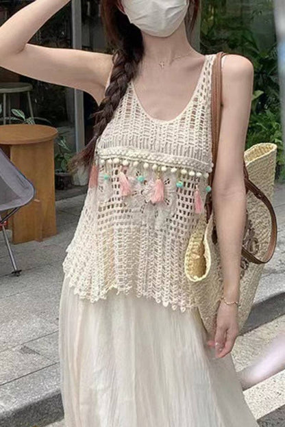 Sleeveless Crochet Tank Top: WHITE / One Size