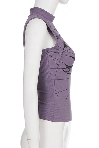 Abstract Pattern Sleeveless Mock Neck Top: PURPLE / M