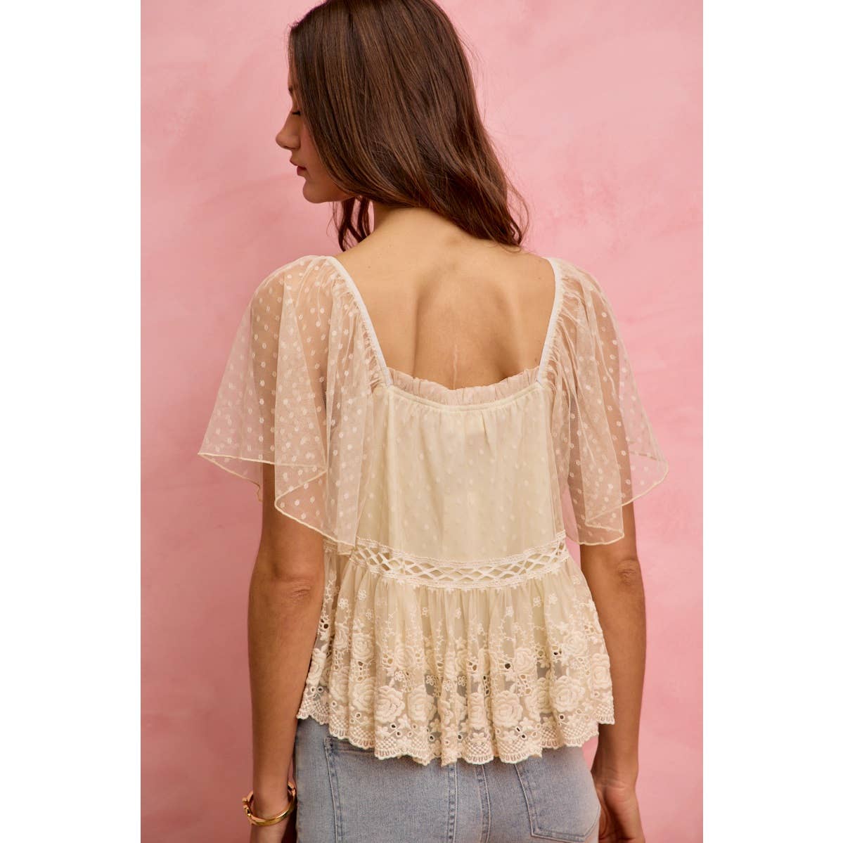 BOHEMIAN LACE TRIM RUFFLED MESH DOT BLOUSE TOP: CREAM