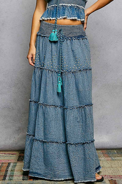 Bead Tassel Denim Maxi Skirt