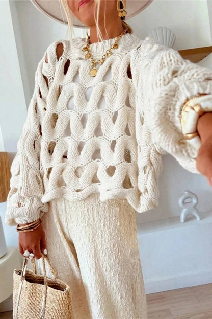 Open-Knit Balloon Sleeve Sweater: WHITE / XL
