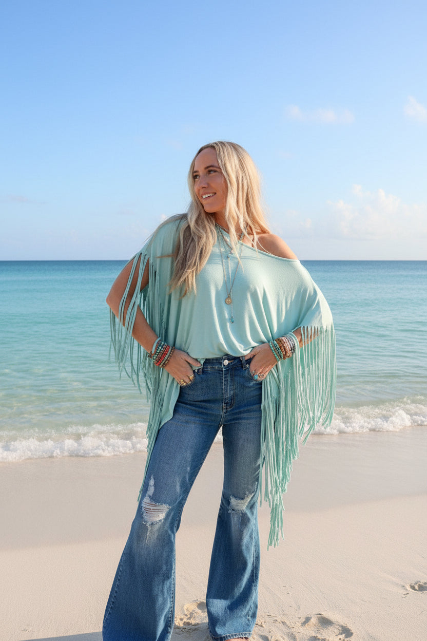 Showstopper Fringe Top - Washed Seafoam or Black
