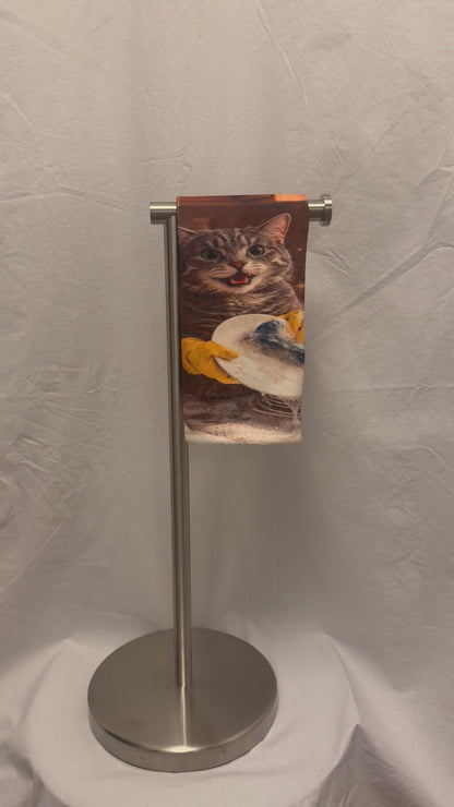 Funny Cat washing dishes hand towel