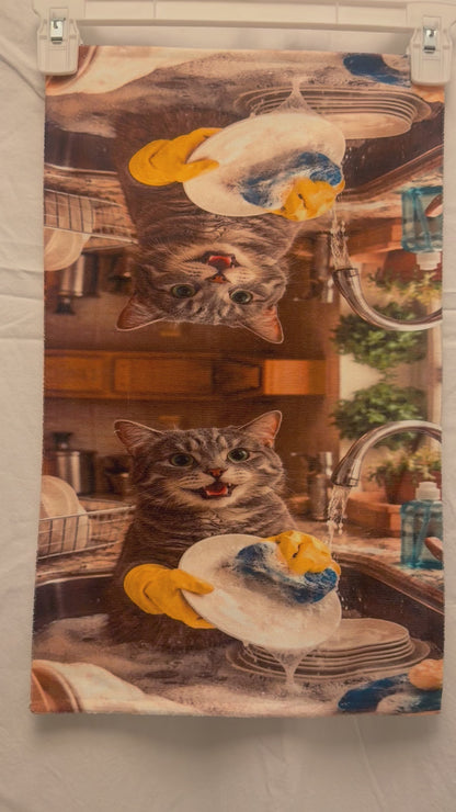 Funny Cat washing dishes hand towel